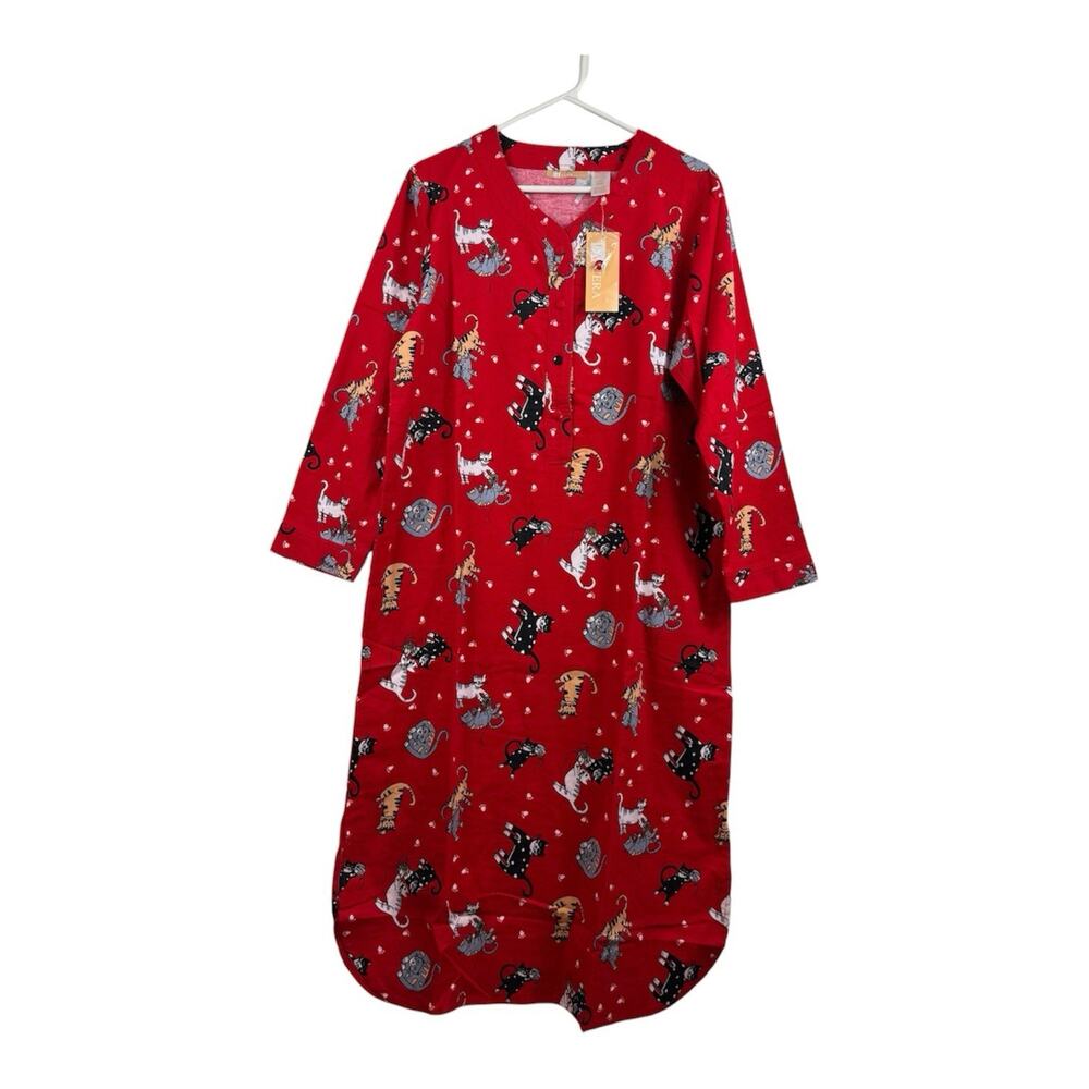 NWT La Cera Red Flannel Cat Print Night Gown Shirt Medium 100% Cotton Popover